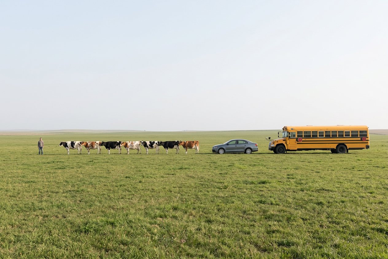 What do 7 cows look like? Shown at true scale next to an adult person, a sedan car and a school bus.
