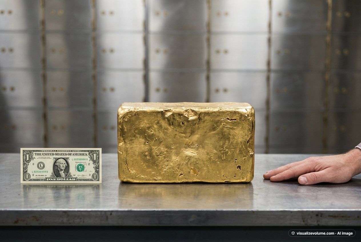 What does 1 ton of gold look like? Shown at true scale next to a dollar bill and an adult hand.