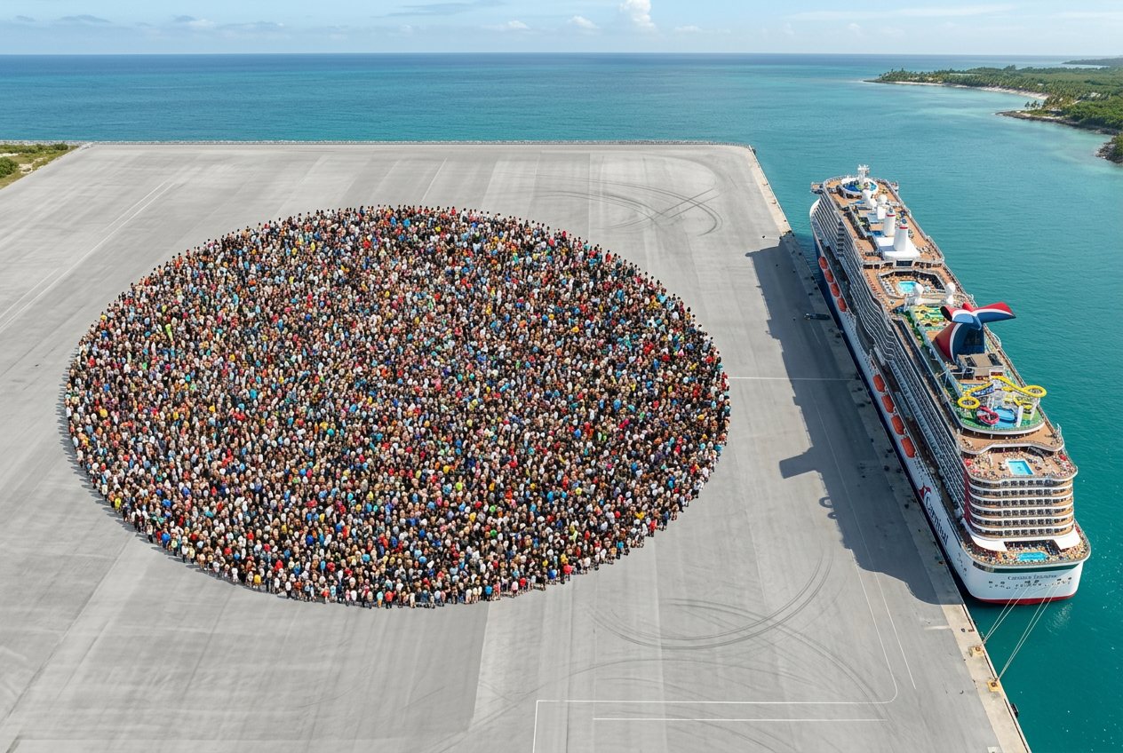 How many people would fill a carnival cruise ship? Shown at true scale next to a carnival cruise ship.
