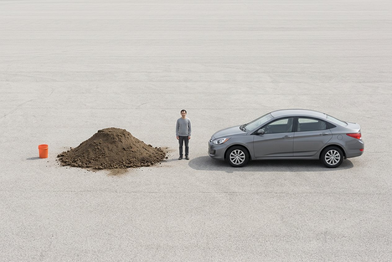 What does 3.56 cubic yards of topsoil look like? Shown at true scale next to a 5-gallon bucket, an adult person and a sedan car.