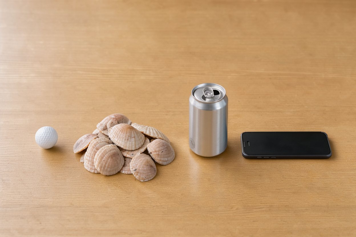 What does 1 pound of sea scallops look like? Shown at true scale next to a golf ball, a soda can and a smartphone.