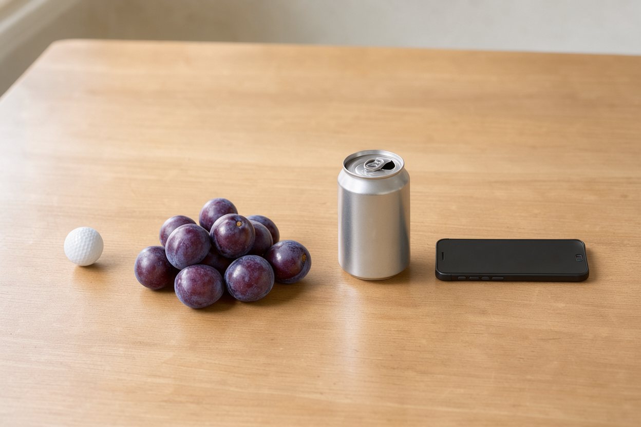 What does 300 grams of plums look like? Shown at true scale next to a golf ball, a soda can and a smartphone.
