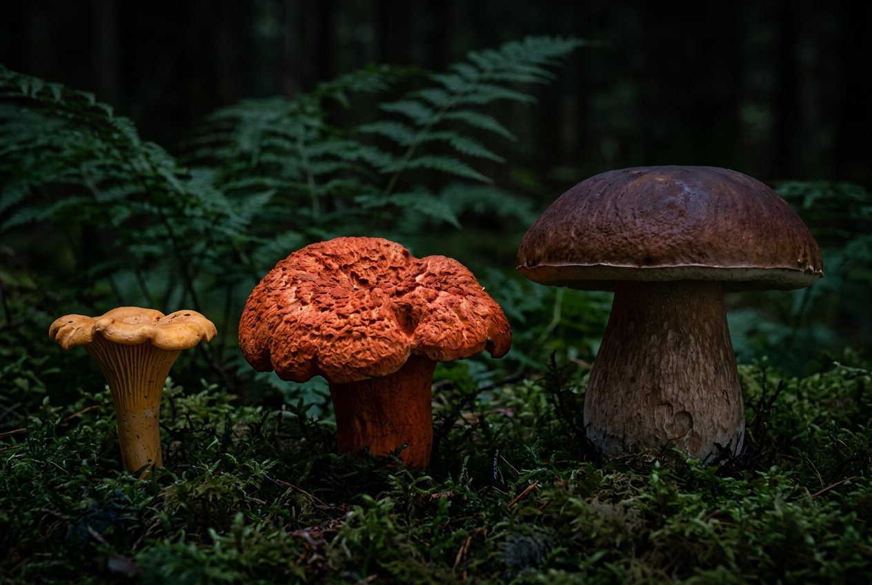 Chanterelle vs lobster mushroom vs king bolete: size comparison