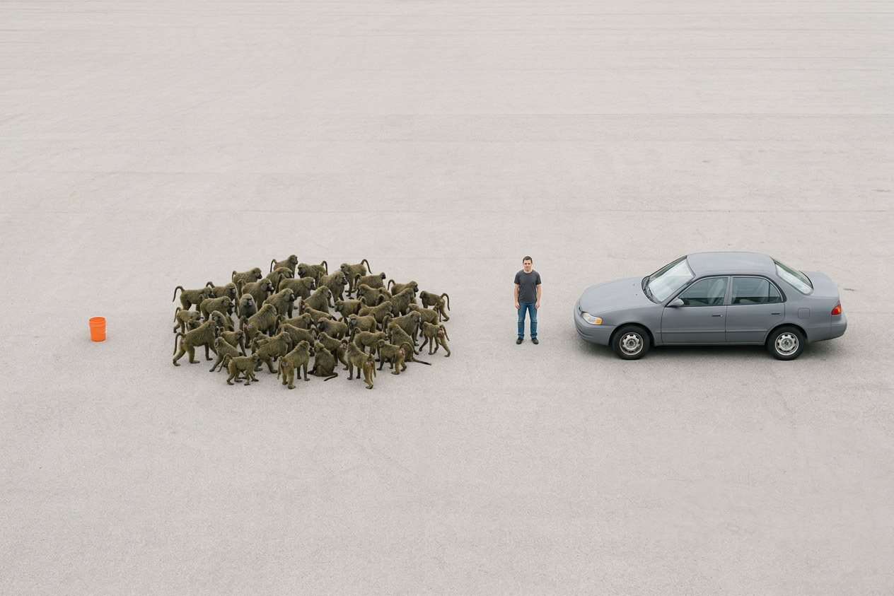 What do 50 baboons look like? Shown at true scale next to a 5-gallon bucket, an adult person and a sedan car.