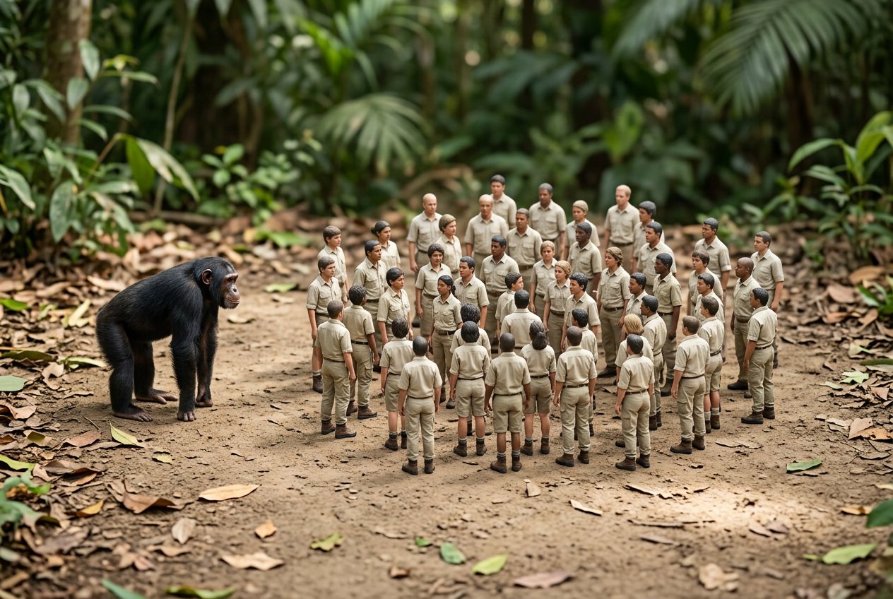 Chimpanzee vs 50 little people: size comparison
