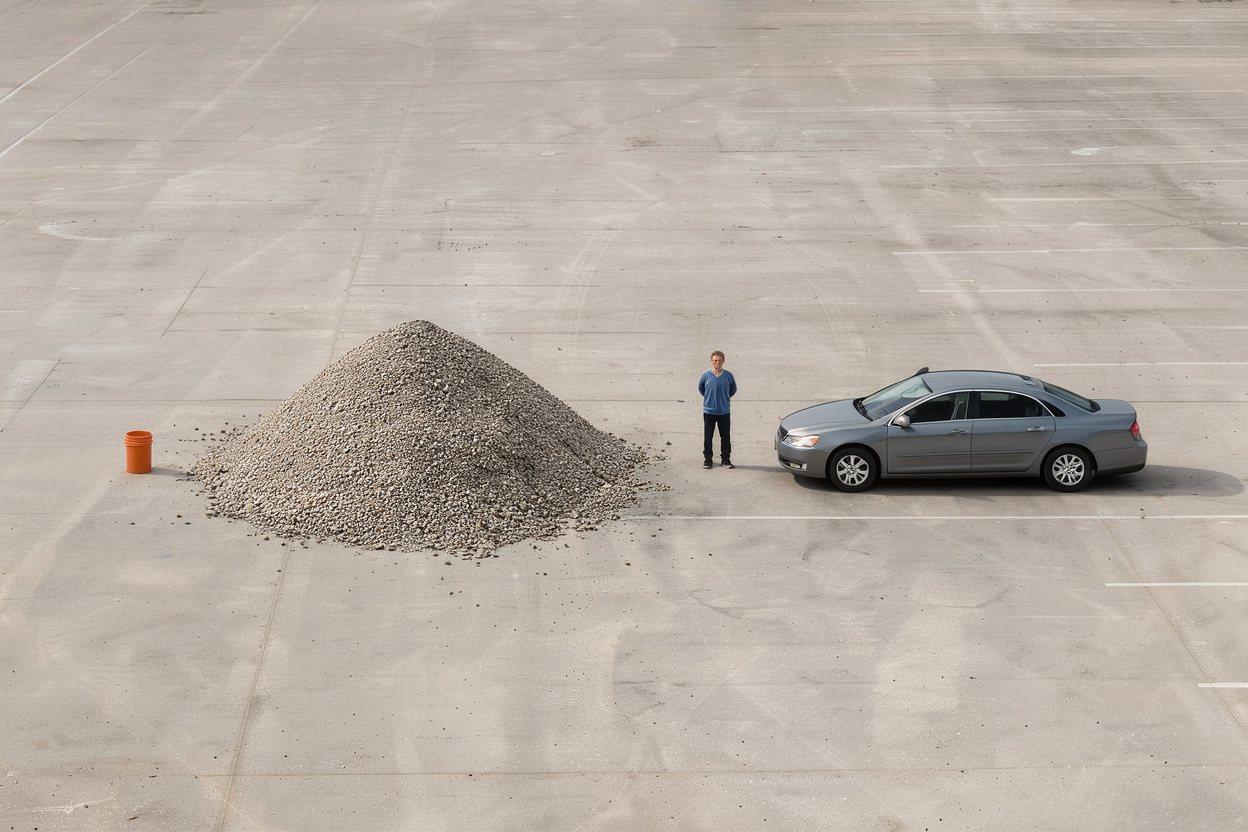 What does 25 cubic yards of gravel look like? Shown at true scale next to a 5-gallon bucket, an adult person and a sedan car.