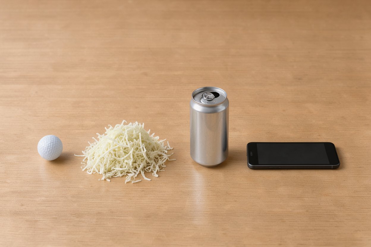What does 2 cups of shredded cabbage look like? Shown at true scale next to a golf ball, a soda can and a smartphone.