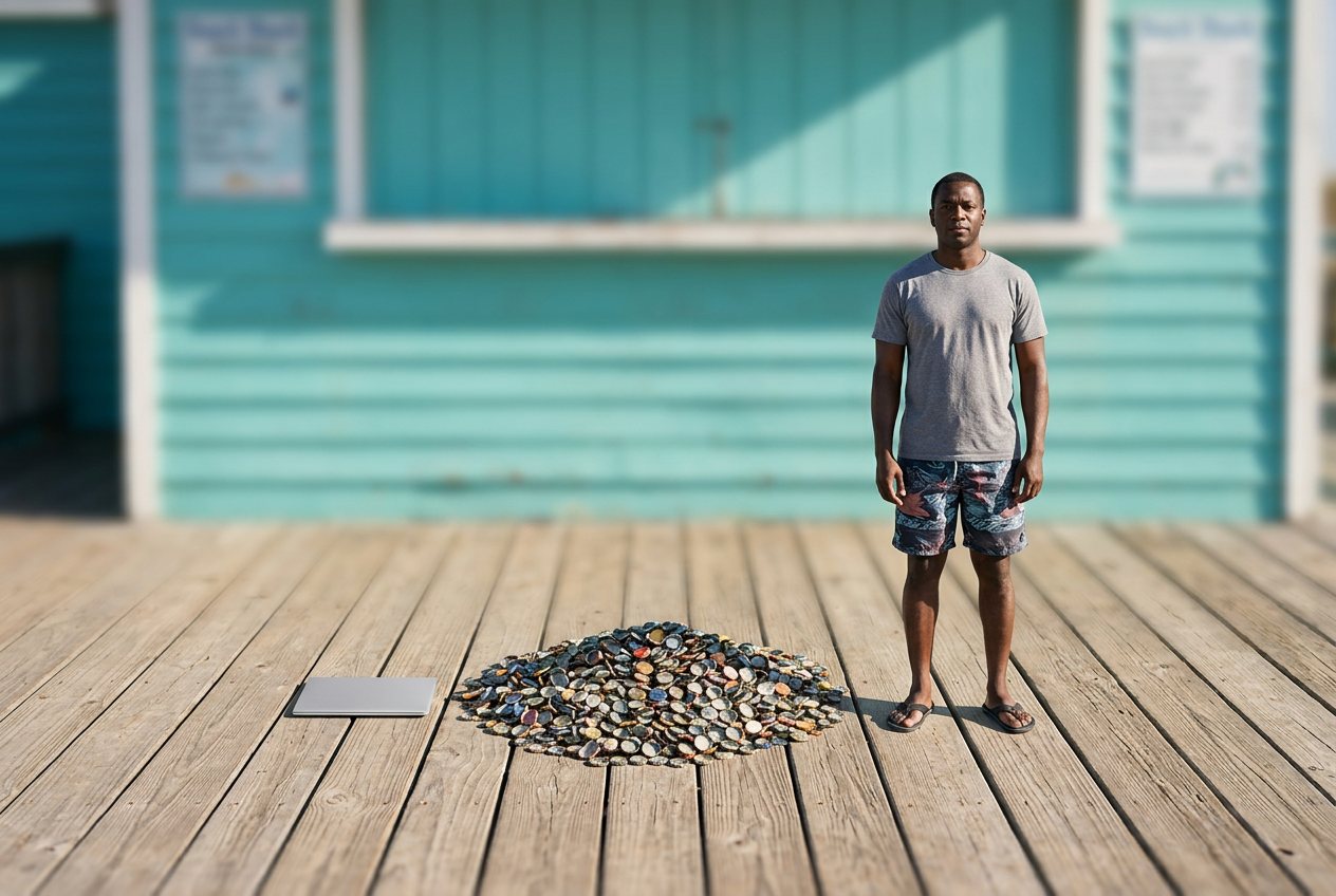 What do 10,000 bottle caps look like? Shown at true scale next to a laptop and an adult person.