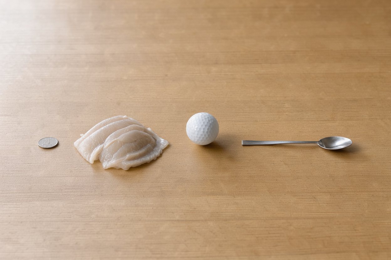 What does 6 ounces of halibut fillet look like? Shown at true scale next to a US quarter, a golf ball and a teaspoon.
