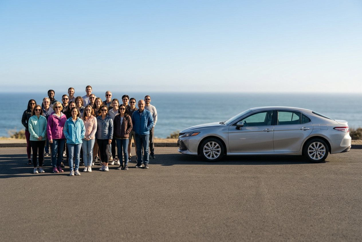 How many people would fill a car? Shown at true scale next to a car.