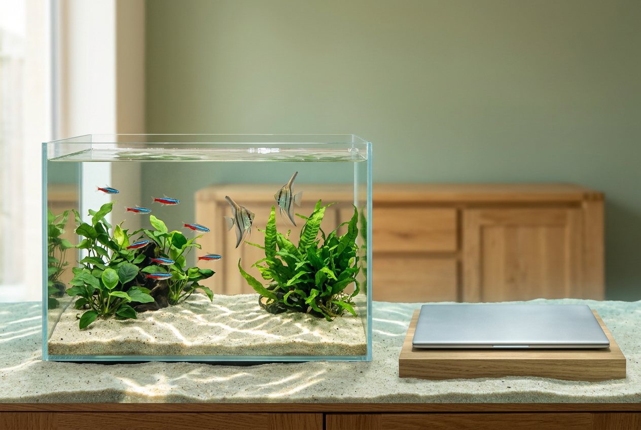 What does 1 fish tank look like? Shown at true scale next to a laptop.
