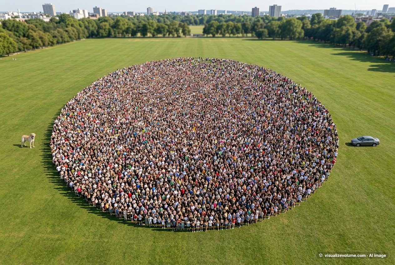 What do 100,000 people look like? Shown at true scale next to a labrador retriever and a sedan car.