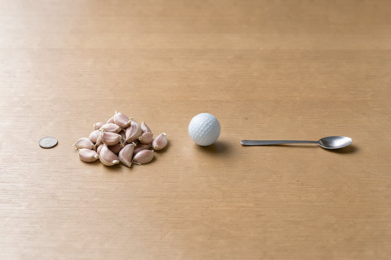 What does 100 grams of garlic cloves look like? Shown at true scale next to a US quarter, a golf ball and a teaspoon.