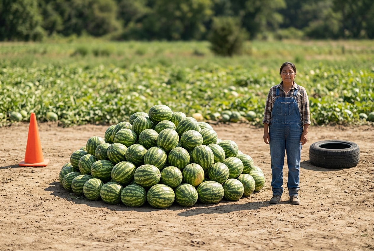 What do 100 watermelons look like? Shown at true scale next to a traffic cone, an adult person and a car tire.