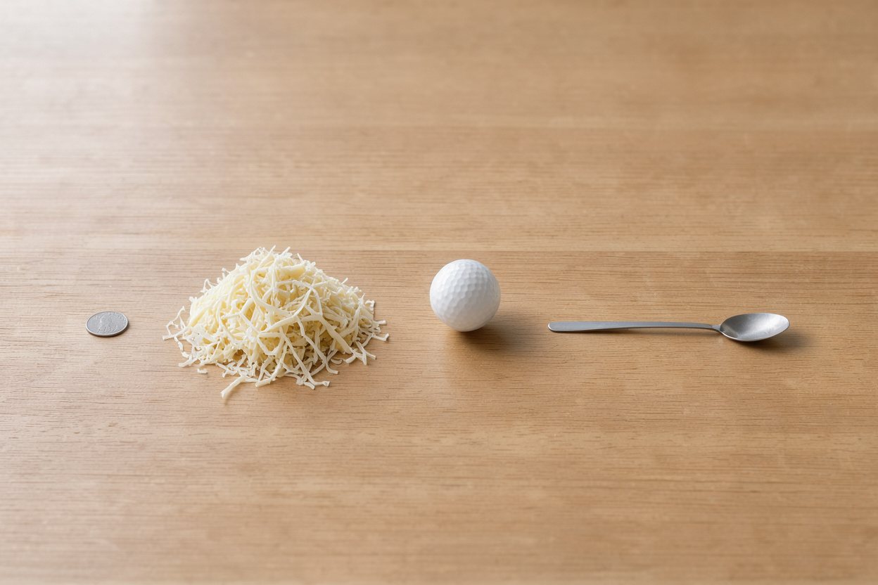 What does 1 cup of shredded provolone look like? Shown at true scale next to a US quarter, a golf ball and a teaspoon.