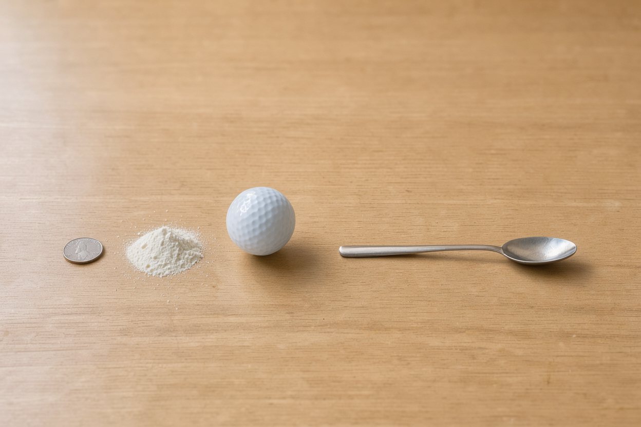 What does 8 grams of citrulline malate powder look like? Shown at true scale next to a US quarter, a golf ball and a teaspoon.