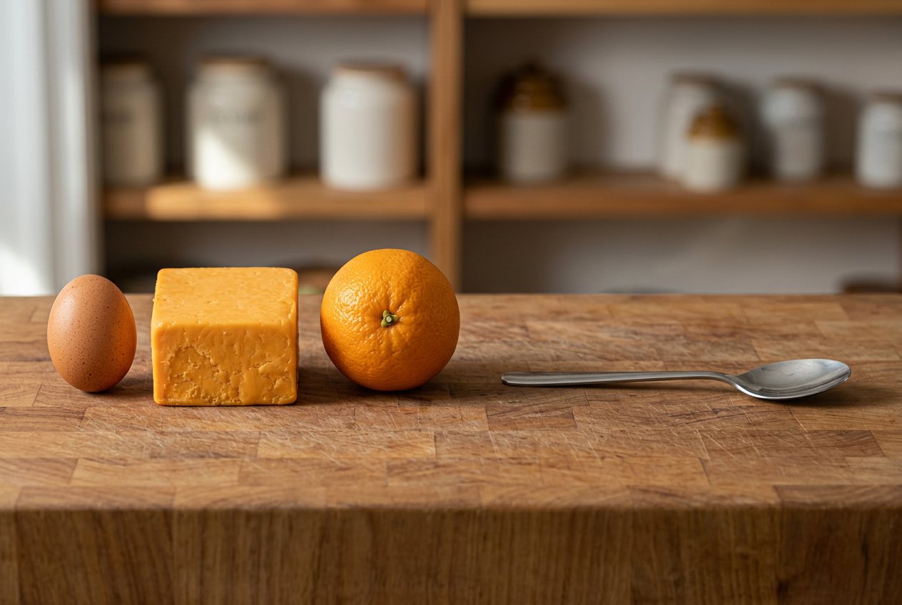 What does 1 cup of cheddar cheese look like? Shown at true scale next to a large egg, an orange and a tablespoon.