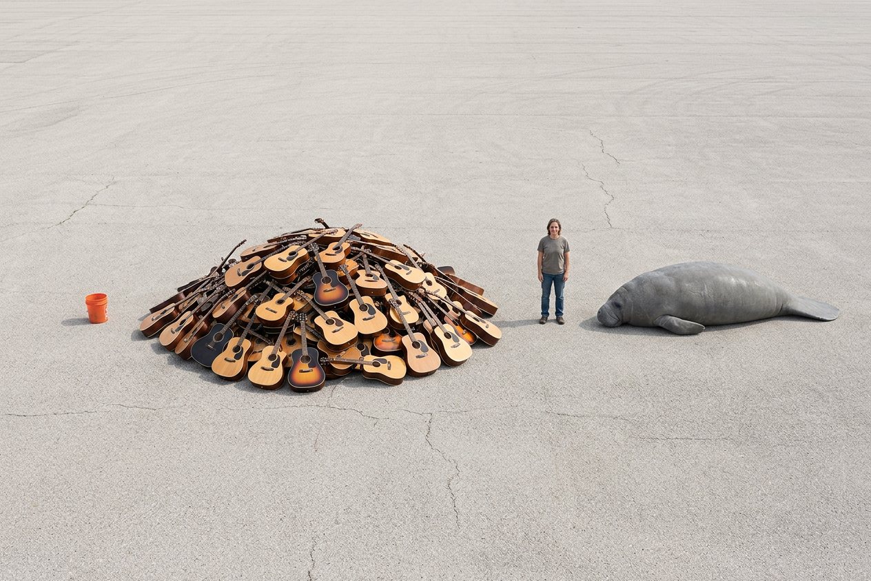 How many acoustic guitars weigh as much as a manatee? Shown at true scale next to a 5-gallon bucket, an adult person and a manatee.