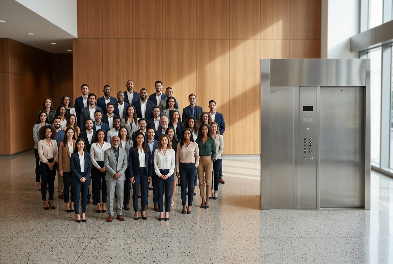 How many people would fill an elevator? Shown at true scale next to an elevator.