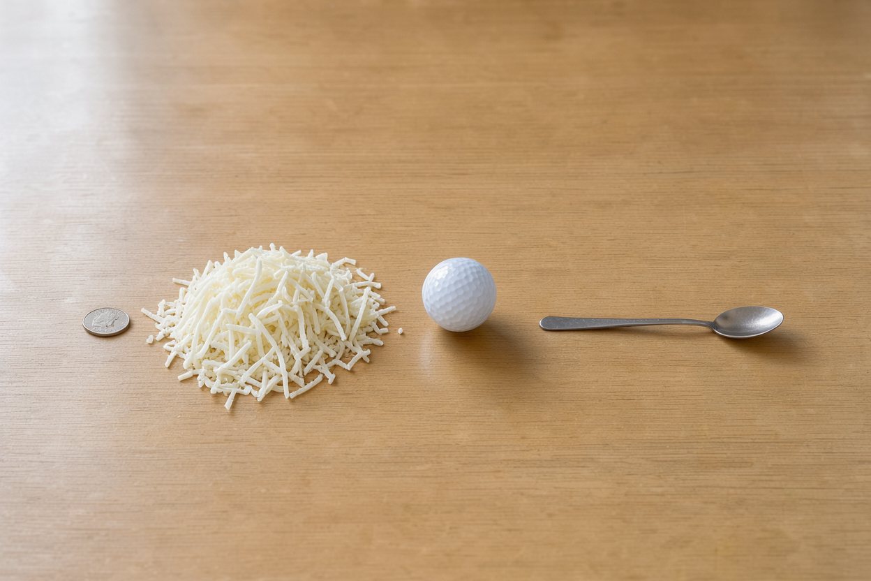 What does 1 cup of shredded mozzarella look like? Shown at true scale next to a US quarter, a golf ball and a teaspoon.