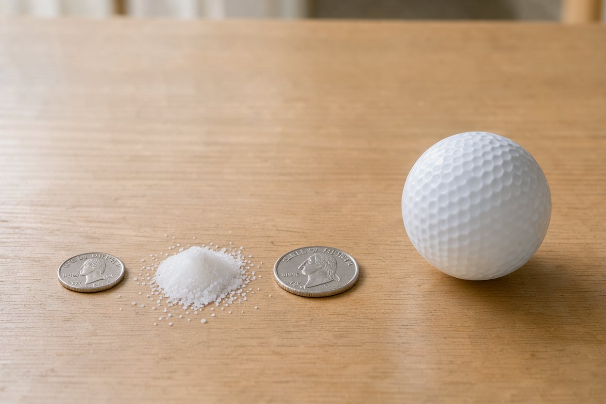 What does 2.3 grams of table salt (fine) look like? Shown at true scale next to a US dime, a US quarter and a golf ball.