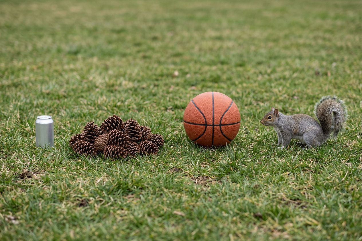 How many pinecones weigh as much as a gray squirrel? Shown at true scale next to a soda can, a basketball and a gray squirrel.
