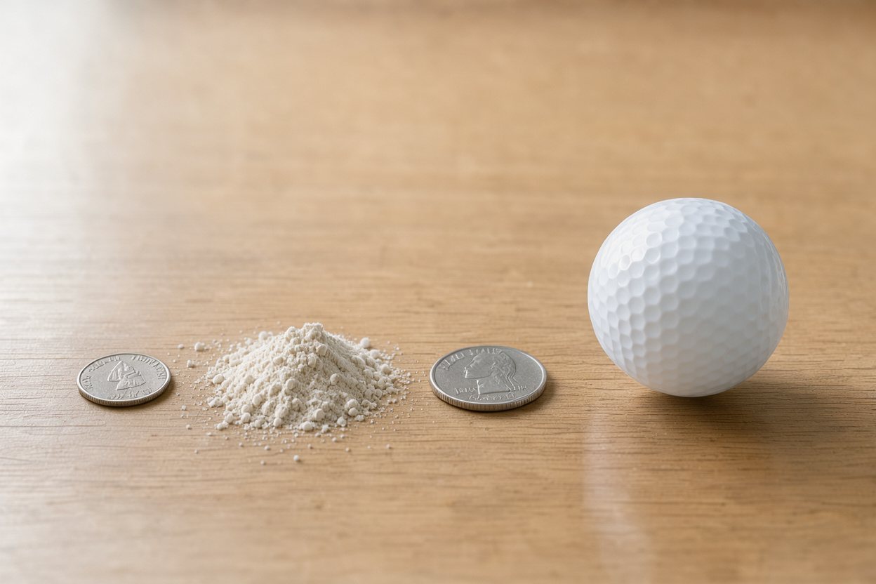 What does 3 grams of hmb powder look like? Shown at true scale next to a US dime, a US quarter and a golf ball.
