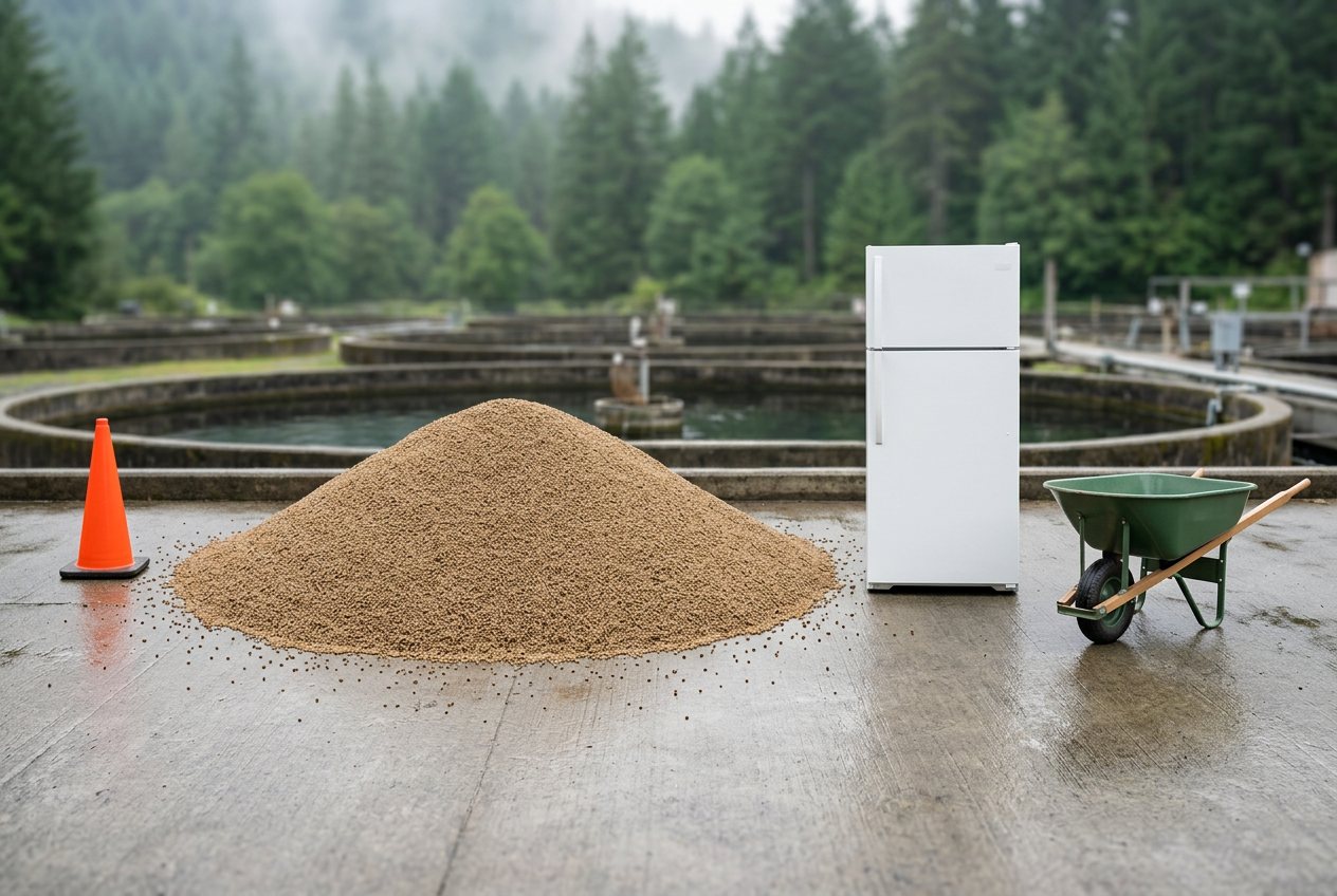 What does 3,600 kilograms of trout feed look like? Shown at true scale next to a traffic cone, a refrigerator and a wheelbarrow.