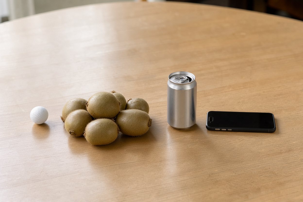 What does 1 pound of kiwifruit look like? Shown at true scale next to a golf ball, a soda can and a smartphone.