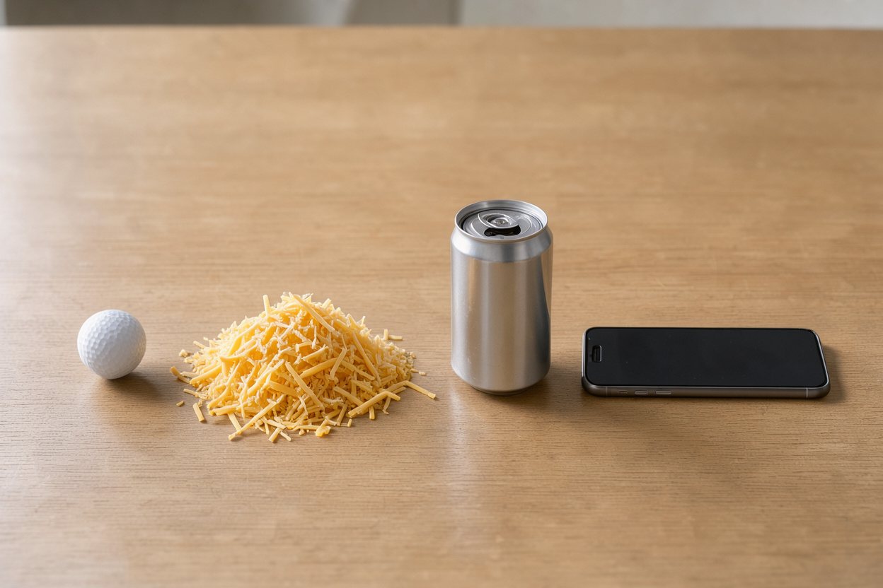 What does 200 grams of shredded cheddar cheese look like? Shown at true scale next to a golf ball, a soda can and a smartphone.