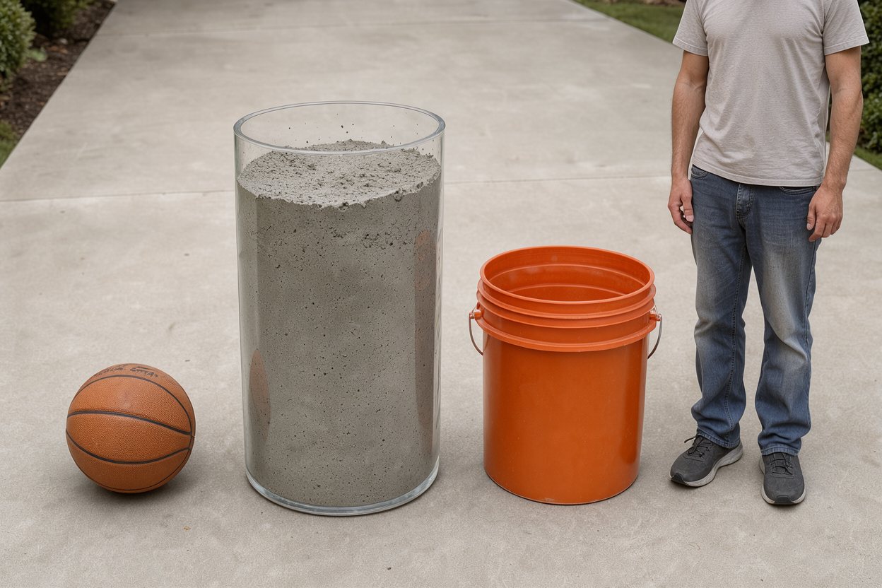 What does 7.1 cubic yards of ready-mix concrete look like? Shown at true scale next to a basketball, a 5-gallon bucket and an adult person.