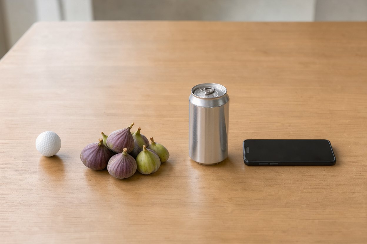 What does 0.5 pounds of fresh figs look like? Shown at true scale next to a golf ball, a soda can and a smartphone.