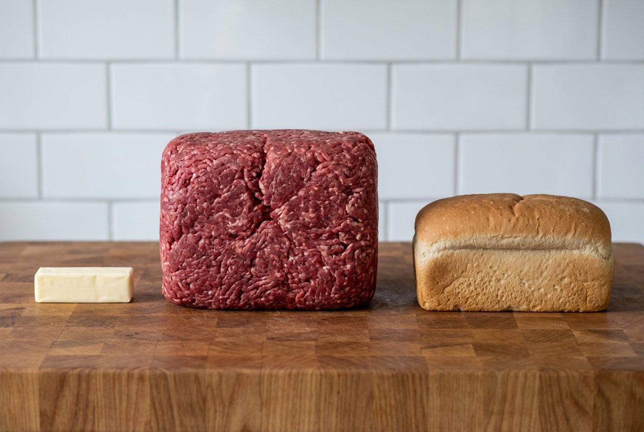 What does 25 pounds of ground beef look like? Shown at true scale next to a stick of butter and a loaf of bread.