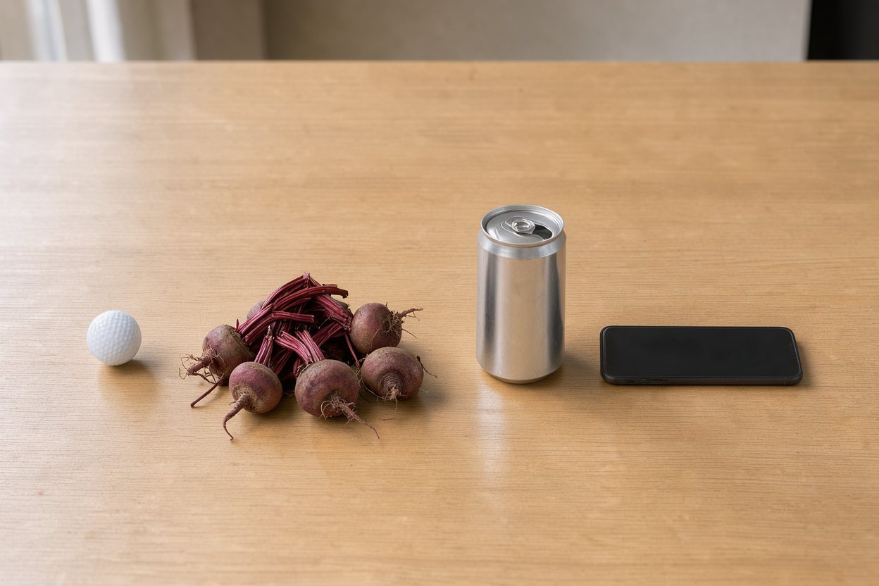 What does 400 grams of beets look like? Shown at true scale next to a golf ball, a soda can and a smartphone.