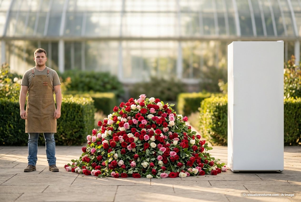 What do 1,000 roses look like? Shown at true scale next to an adult person and a refrigerator.