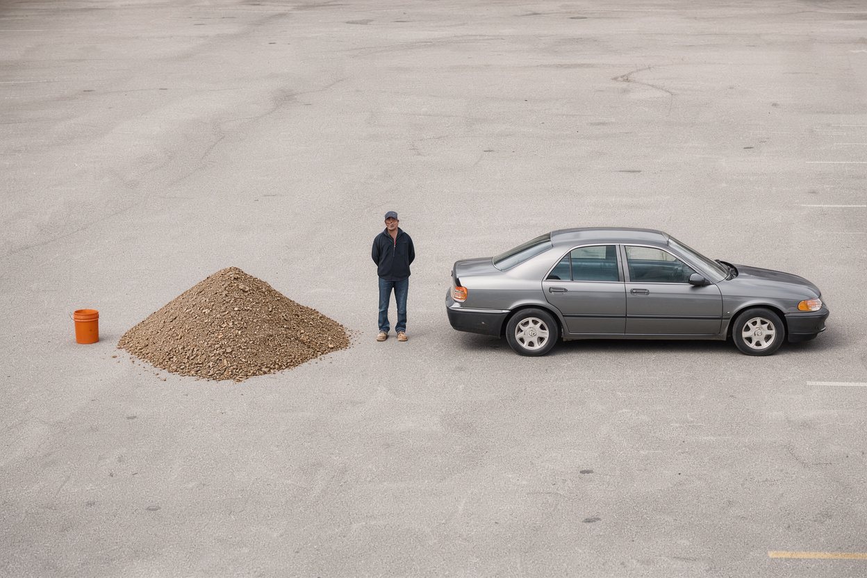 What does 4 tons of decomposed granite look like? Shown at true scale next to a 5-gallon bucket, an adult person and a sedan car.