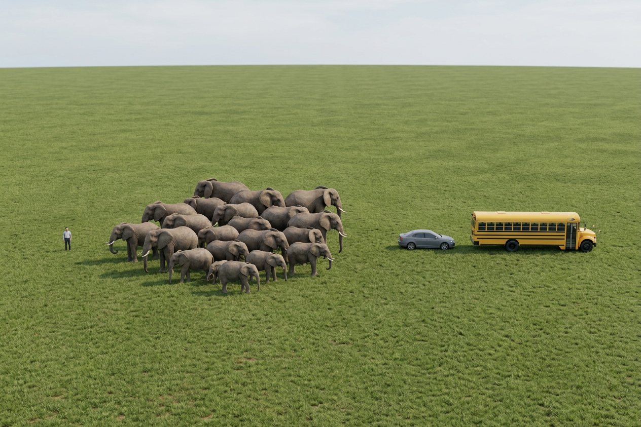 What do 20 elephants look like? Shown at true scale next to an adult person, a sedan car and a school bus.