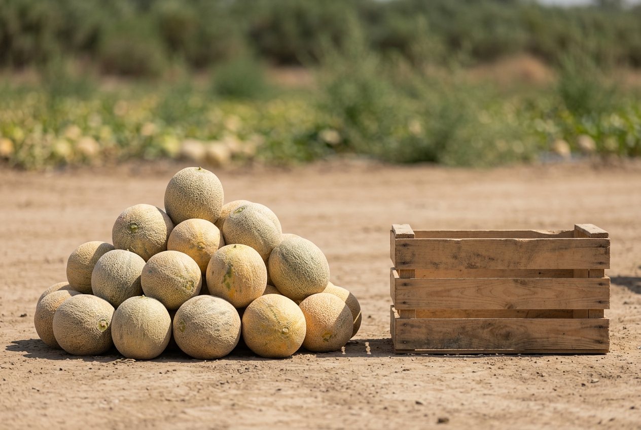 How many cantaloupes would fill a crate? Shown at true scale next to a crate.