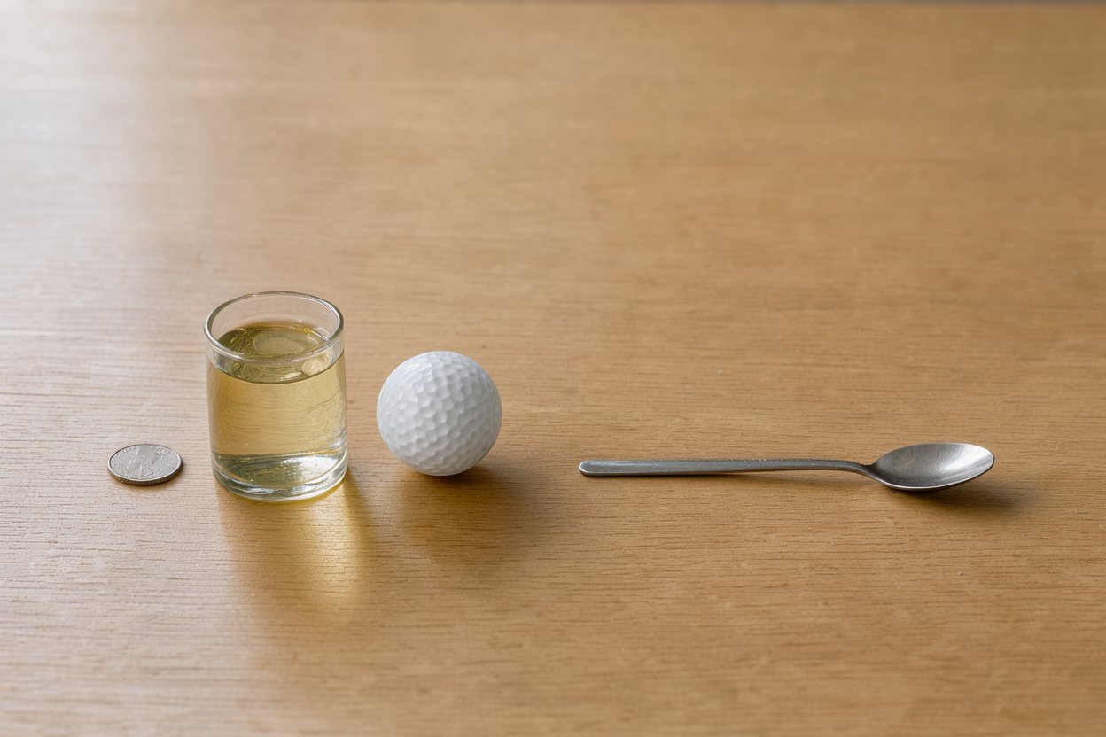 What does 0.333 cups of vegetable oil look like? Shown at true scale next to a US quarter, a golf ball and a teaspoon.