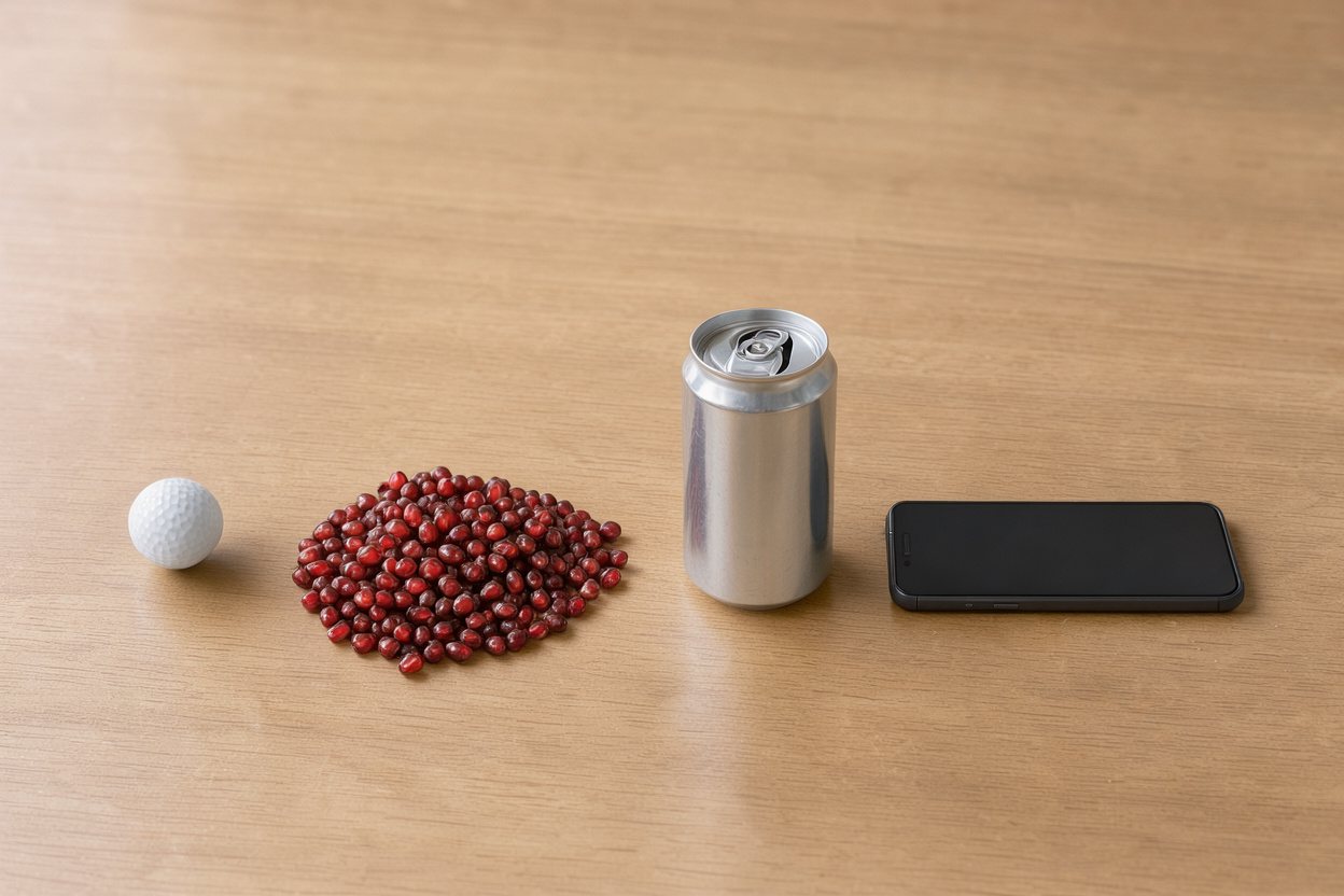 What does 200 grams of pomegranate seeds look like? Shown at true scale next to a golf ball, a soda can and a smartphone.
