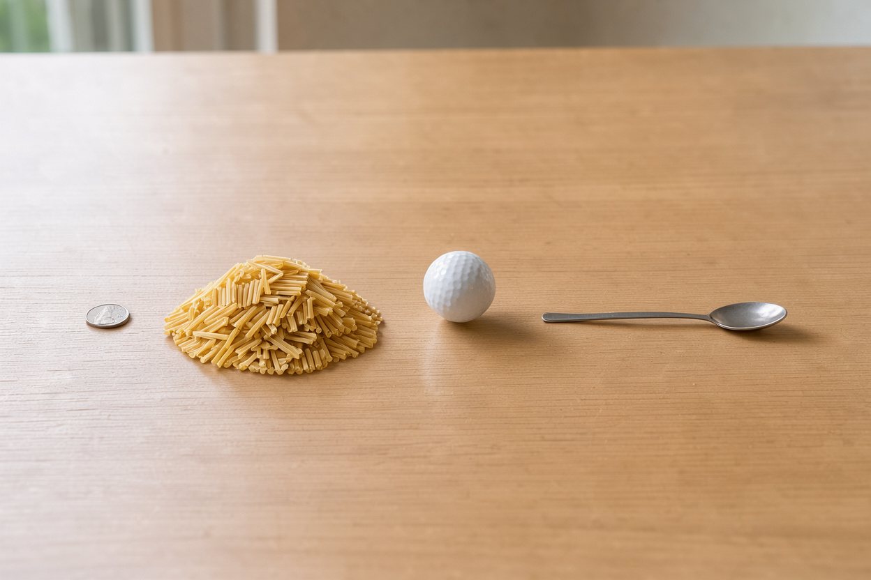 What does 100 grams of dry pasta look like? Shown at true scale next to a US quarter, a golf ball and a teaspoon.