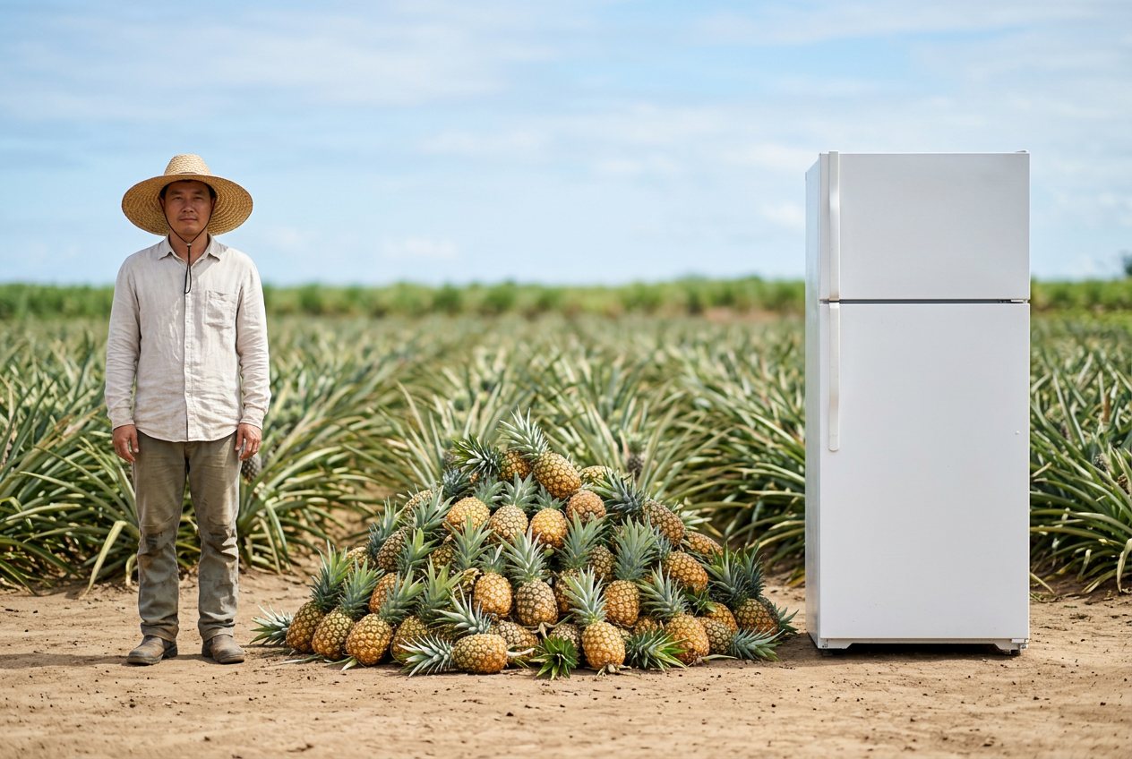 What do 100 pineapples look like? Shown at true scale next to an adult person and a refrigerator.
