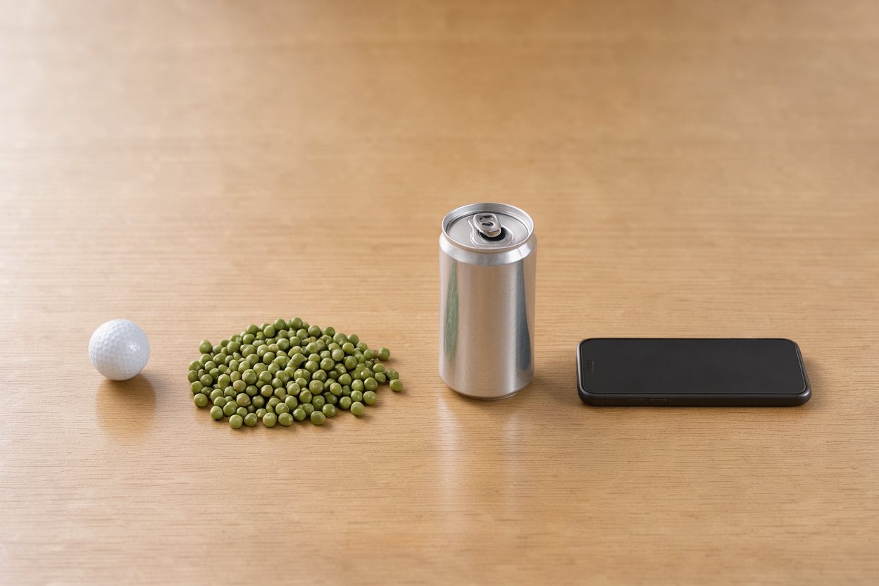 What does 1 cup of cooked green peas look like? Shown at true scale next to a golf ball, a soda can and a smartphone.