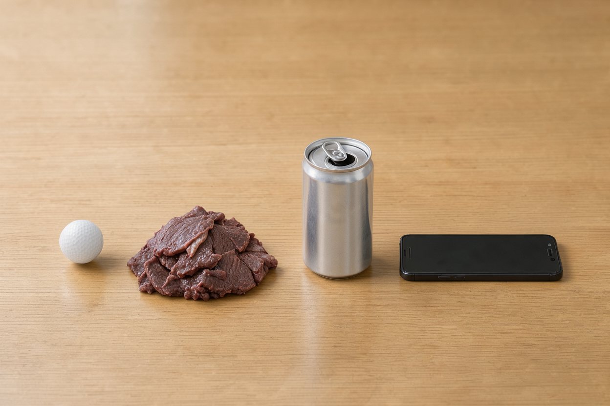 What does 300 grams of beef brisket look like? Shown at true scale next to a golf ball, a soda can and a smartphone.