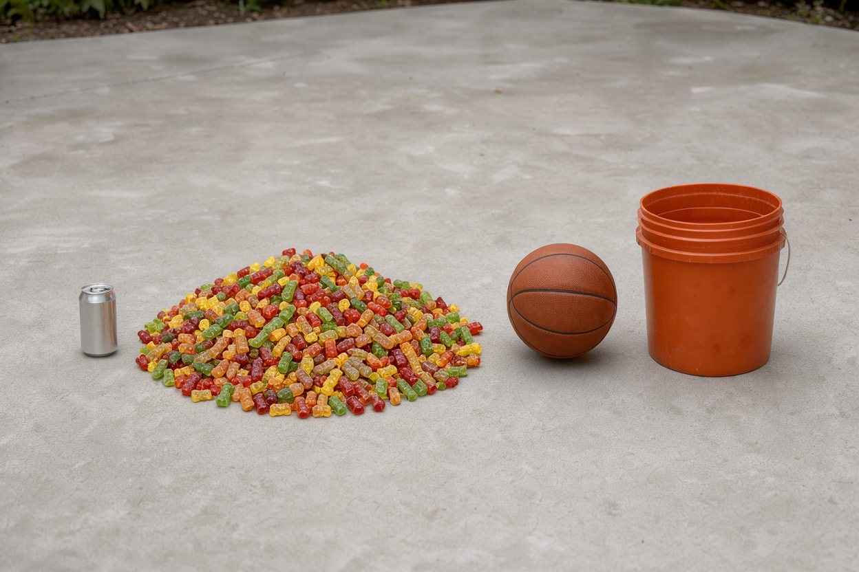 What do 10,000 gummy bears look like? Shown at true scale next to a soda can, a basketball and a 5-gallon bucket.