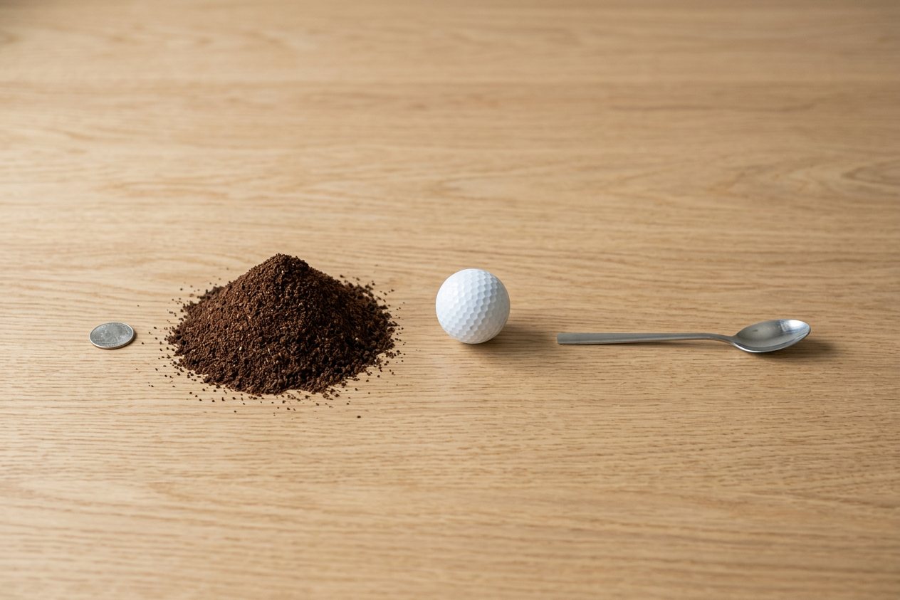 What does 8 fluid ounces of ground coffee look like? Shown at true scale next to a US quarter, a golf ball and a teaspoon.