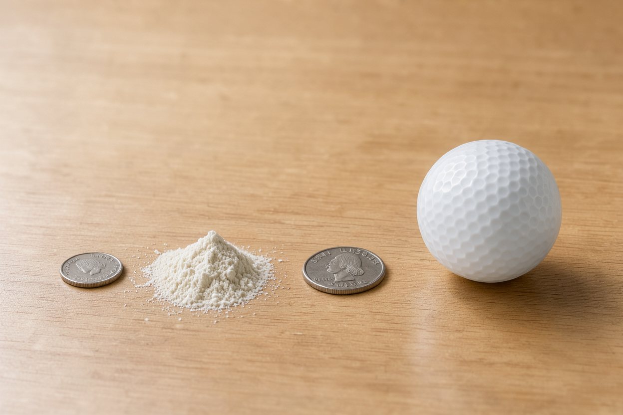 What does 3 grams of d-aspartic acid powder look like? Shown at true scale next to a US dime, a US quarter and a golf ball.