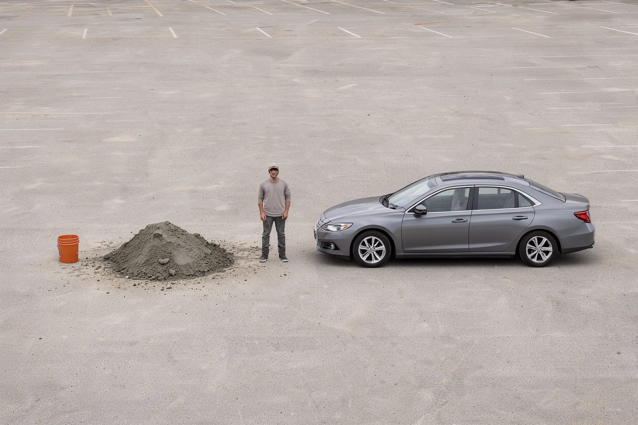 What does 1 cubic yard of wet concrete look like? Shown at true scale next to a 5-gallon bucket, an adult person and a sedan car.