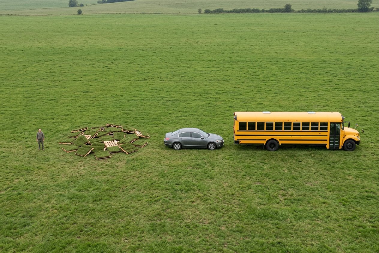 What do 24 sod pallets look like? Shown at true scale next to an adult person, a sedan car and a school bus.