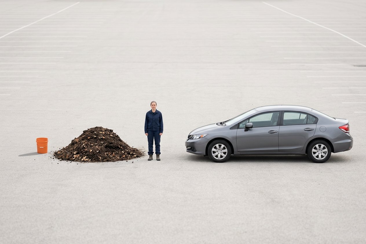 What does 1.5 cubic yards of compost look like? Shown at true scale next to a 5-gallon bucket, an adult person and a sedan car.